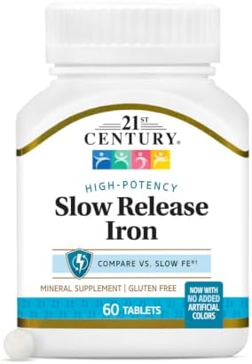 21st Century Slow Release Iron 45mg Tablets, Gentle on Stomach, 60 Count | High-Potency Ferrous Sulfate, Compare VS. Slow FE® & Healthy Red Blood Cells, Gluten Free, No Added Yeast, For Women & Men