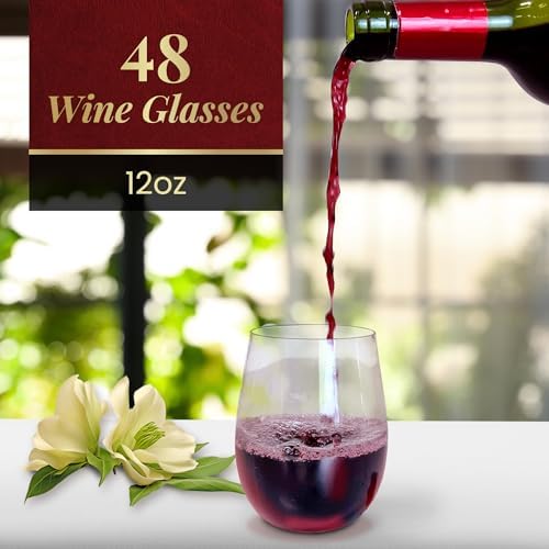 Reli. Disposable Wine Glasses (48 Pack, 12oz) | Clear | Stemless, Shatterproof | Plastic Stemless Wine Glasses Disposable | Parties, Cocktails