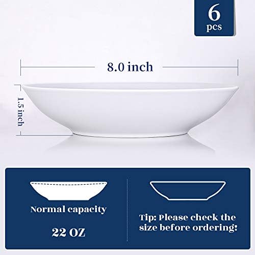 Y YHY 9" Pasta Bowls, 40oz Large Salad Bowls Set of 6, Wide Shallow Ceramic Bowls for Serving Soup, White Dinner Plates Set for Kitchen