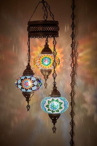 DEMMEX 3 Large Globe Plug-in Turkish Moroccan Mosaic Chandelier, Hanging Lamp, Ceiling Light Fixture with 15ft Cord & Chain for Living Room