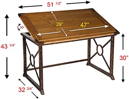 SEI FURNITURE Knightley Tilt Top Drafting Table - 51.5 inch Wide - Oak Wood Finish w/ Antique Brass, Brown
