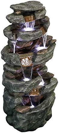 PeterIvan Outdoor Relaxing Waterfall - 6-Tier Fountain with 6 LED Lights, Stone-Liking Resin for Patio, Garden, House&Office (40.6in, Grey)