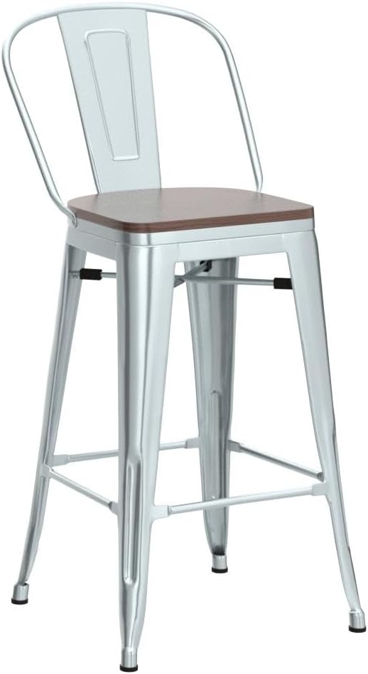 Alunaune 24" Swivel Metal Bar Stools Set of 4 High Back Counter Height Barstools Industrial Dining Bar Chairs with Large Wooden Seat-Matte Black