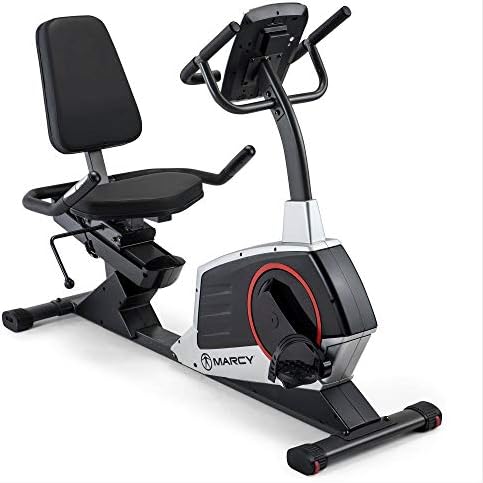 Marcy Regenerating Recumbent Exercise Bike with Adjustable Seat, Pulse Monitor and Transport Wheels ME-706