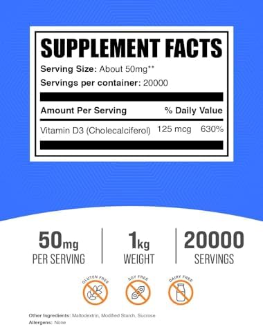 BulkSupplements.com Vitamin D3 Powder - Cholecalciferol, Vitamin D Supplements, 5000 IU - Gluten Free, 50mg (125mcg of Vitamin D3) per Serving, 250g (8.8 oz) (Pack of 1)
