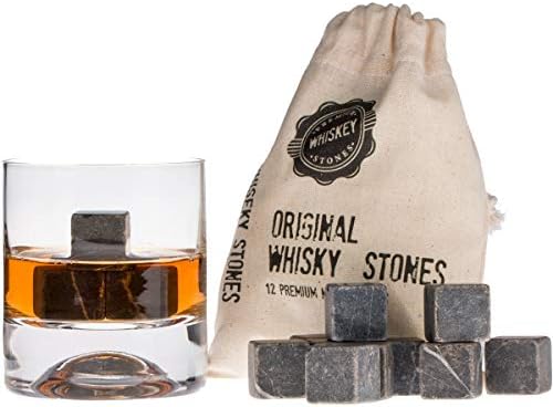Premium Whiskey Stones Gift Set with 12 Pcs Stones and Bag. Whiskey, Bourbon, Cognac, Scotch, Gin