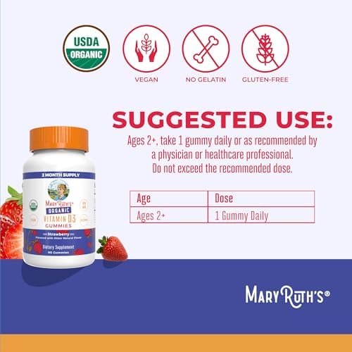 MARYRUTH'S Vitamin D3 Gummies, Adults & Kids Vitamin D, 60 Servings, Vegan | 2 Month Supply, Immune Support Supplement, 1000IU for Bone Health & Muscle Function, Vegan, Non-GMO, Gluten Free, 60 Count