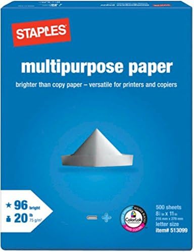 2 Pack: Staples Multipurpose Copy Fax Laser Inkjet Printer Paper, 8 1/2 Inch X 11 Letter Size, 20 Lb., 96 Bright White, Acid Free, Ream