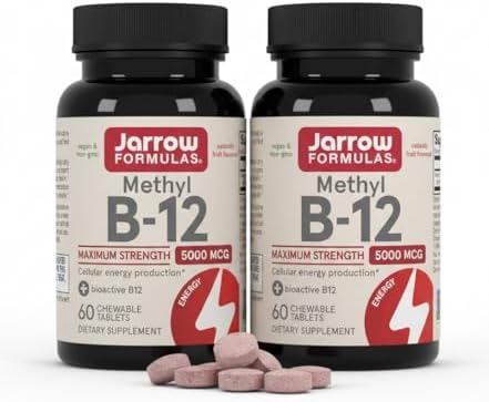 Jarrow Formulas Methyl Vitamin B12 5000 mcg - 60 Chewable Tablets, Naturally Fruit Flavored- Bioactive B12 Vitamin - Supports Cellular Energy Production, Brain Health & Metabolism - 60 Servings | Fruit Flavored, Bioactive B12 Vitamin, Supports Cellular E…