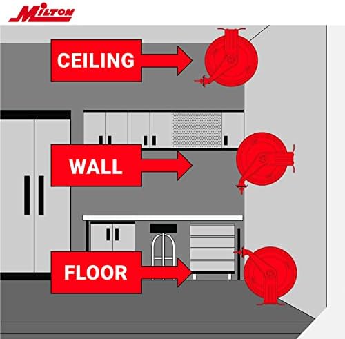 MILTON Strength Air Hose Reel w/Auto- Retractable Steel Dual Arm, 3/8" MNPT x 50 ft. Hybrid Rubber Hose - 300 Max PSI, Red - 2770-50D