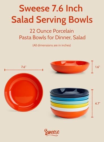 Sweese 22oz Porcelain Pasta Bowls Set of 6-7.6 Inch White Salad Serving Plates, Microwave Dishwasher Safe Dinnerware