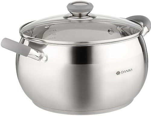 Daniks Modern 4 Quart Stainless Steel Stock Pot with Glass Lid, Tri-Ply Bottom for Even Heating, Induction Compatible, Dishwasher Safe