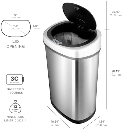 NINESTARS CB-DZT-50-98-1C Automatic Touchless Motion Sensor Oval & Rectangular Trash Can Combo Set, 13.2 Gal. 50 L. & 2.1 Gal.8 L., Stainless Steel