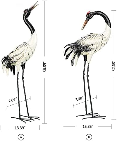 chisheen Garden Crane Statues Outdoor Heron Red Crowned Crane Metal Yard Art Sculpture,Set of 2