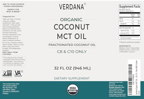 Verdana USDA Certified Organic Coconut MCT Oil –Fractionated Coconut Oil – No Palm Kernel Used – Kosher, Food Grade