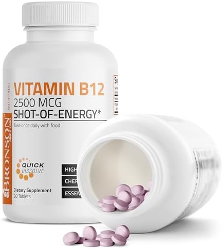 Vitamin B12 2500mcg Shot of Energy Fast Dissolve Chewable Tablets - Quick Release Cherry Flavored Sublingual B12 Vitamin - Supports Nervous System, Healthy Brain Function Energy Production – 90 Count
