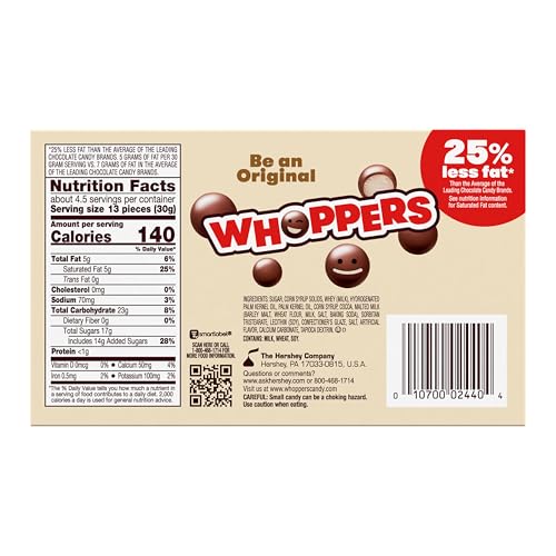 WHOPPERS Malted Milk Balls Candy Box, 5 oz | Crunchy malted milk balls coated in chocolate flavored candy for movie nights and snack breaks.