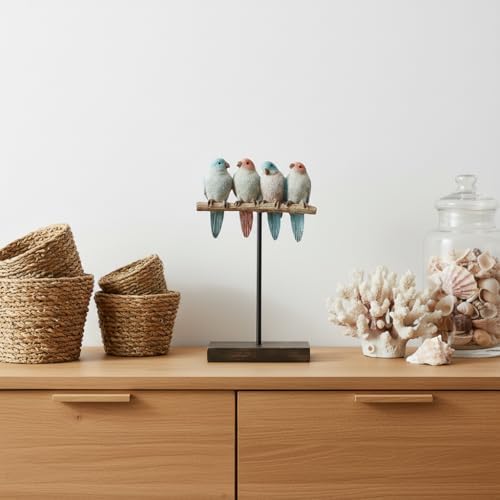 Comfy Hour Bird Figurines Home Decor, 9.8 Inch Decorative Birds Sculpture, Pastel Sparrows on Rustic Branch, Polyresin Tabletop Ornament for Shelf