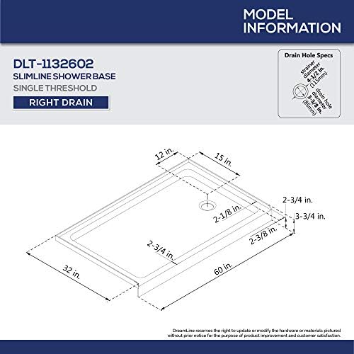 DreamLine SlimLine 32 in. D x 60 in. W x 2 3/4 in. H Right Drain Single Threshold Shower Base in White, DLT-1132602