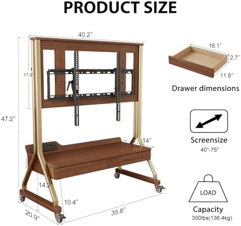 AnywaysWood TV Cart Rolling TV Stand with Wheels for Most 40-75" TVs up to 300lbs Height Adjustable, Tilting, Tall Heavy Duty TV Stand with 2 Drawers Power Strip, for Living Room