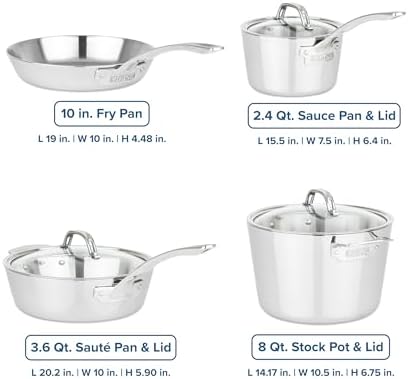 Viking Contemporary 3-Ply Pots and Pans Set, 10 Piece Stainless Steel Kitchen Cookware, Silver