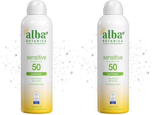 Alba Botanica Sensitive Sunscreen Spray for Face and Body, Fragrance-Free, Broad Spectrum SPF 50, Water Resistant, 5 fl. oz. Bottle