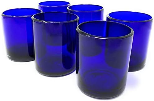 Hand Blown Mexican Drinking Glasses - Set of 6 Cobalt Tumbler Glasses (10 oz each)
