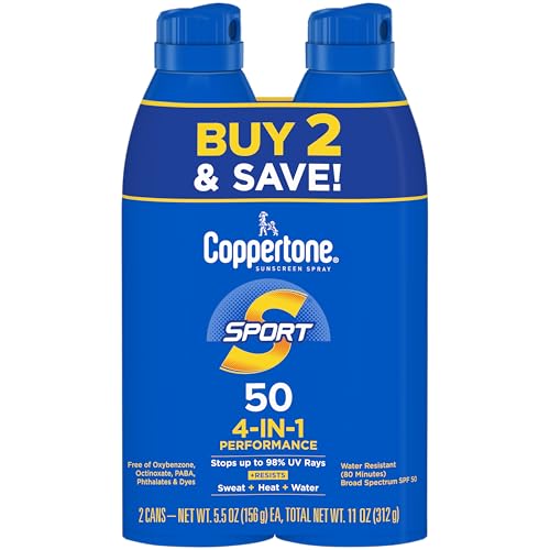 Coppertone SPORT Sunscreen Spray SPF 30, Value Pack, 2 x 5.5 FL OZ | Spray Sunscreen Broad Spectrum SPF 30, Sweat, Heat and Water Resistant, PABA, Oxybenzone, Octinoxate, Paraben and Dye Free