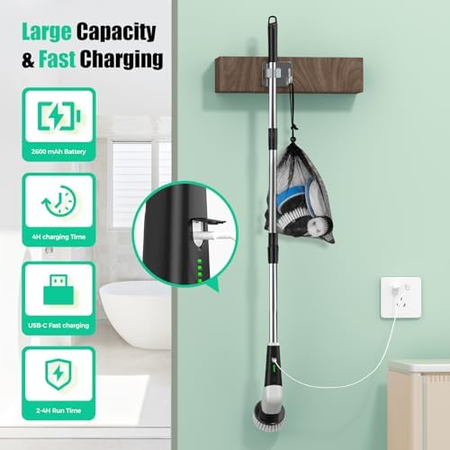 YKYI Electric Spin Scrubber, Cordless Power Cleaning Brush with Long Handle | 8 Brush Heads, 3 Handle Lengths, 2 Speeds, IPX7 Waterproof