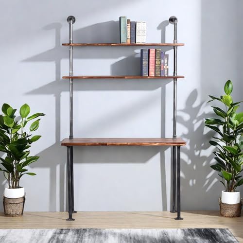Industrial Pipe Desk with 3 Tier Shelves, Rustic Solid Wood Writing Workstation, Sturdy Metal Frame for Home Office Study Living Room Decor(40" L)