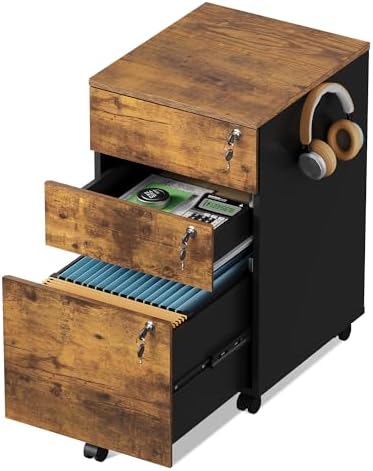 DEVAISE 3 Drawer File Cabinet with Individual Locks, Rustic Brown | Wood Filing Cabinet for Home Office, Mobile Printer Stand with Wheels