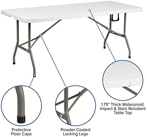 Flash Furniture 5-Foot Bi-Fold Granite White Plastic Folding Table | Lightweight, Easy Storage, Commercial Grade, Carrying Handle