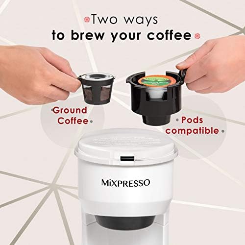 Mixpresso Single Serve Coffee Maker K Cup Coffee Maker for K Pods & Grounds | Compact 800W White Coffee Machine with 14 Oz Water Tank, Fast Brew & Auto Shut-Off, Small Design for Travel RV, Office& Dorm