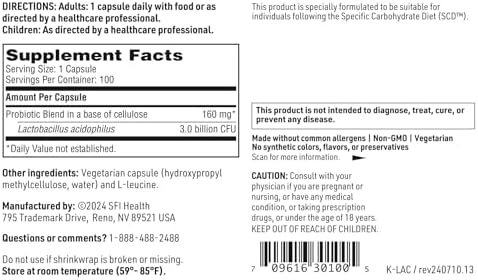 Klaire Labs SFI Health L. Acidophilus, 100 Capsules | 3 Billion CFU Lactobacillus Probiotic, Pure SCD Compliant Formula for Men & Women, Hypoallergenic & Non-Dairy