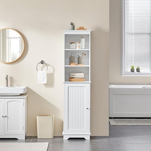 Yaheetech Tall Narrow Bathroom Storage Cabinet with Door and Shelves, White | Linen Closet for Towels, Toiletries and Laundry, Open Display Shelves