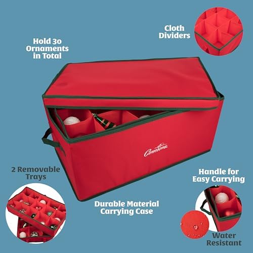 Camerons Christmas Ornament Storage Container Organizer with 2 Removable Trays and 30 XL Decoration Storage Compartments (22.5" x 13.5" x 10")