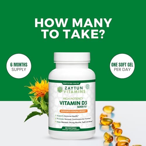 Zaytun Halal Vitamin D3 5000 IU, 6 Months Supply, Supports Bones, Healthy Muscle Function & Immune, Premium Vitamin D from Safflower Oil, Non-GMO