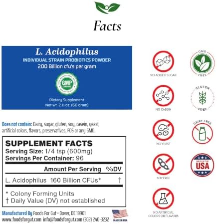 Foods For Gut Lactobacillus Acidophilus Probiotic Powder 200 Billion cfu's | Made in USA | No Additives | Direct from Manufacturer | No Third-Party