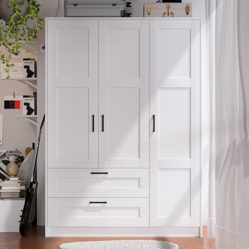 Fenghua Lizhi 3 Doors Wooden Wardrobe Closet Armoire, White Storage Cabinet for Hanging Clothes, Bedroom Large Capacity Freestanding Armoire,Wood Wardrobe Combination with Shelves