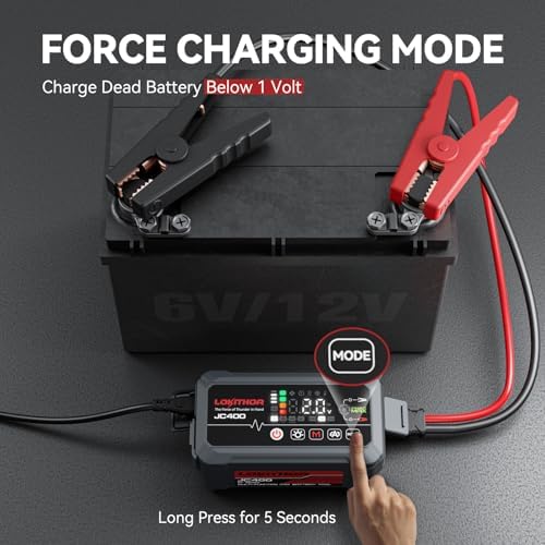LOKITHOR JC400 2A Car Battery Charger and 2500A Jump Starter | 750mA/1A/2A, 6V/12V Automotive Battery Maintainer, Trickle Charger and Desulfator
