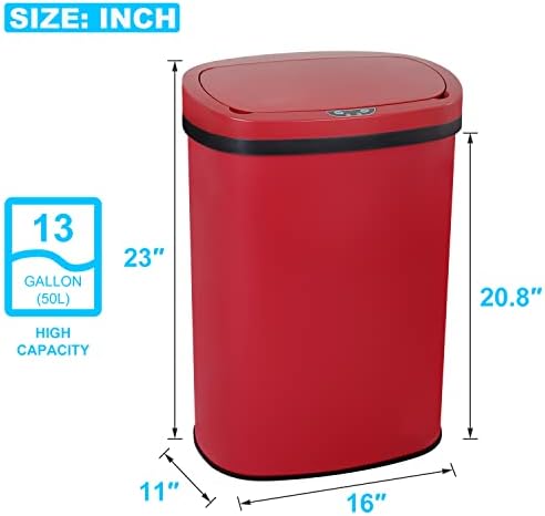 Kitchen Trash Can | Stainless Steel 13 Gallon Trash Can | 50L Touch Free Garbage Can with Lid | Electronic Sensor High Capacity Trash Bin for