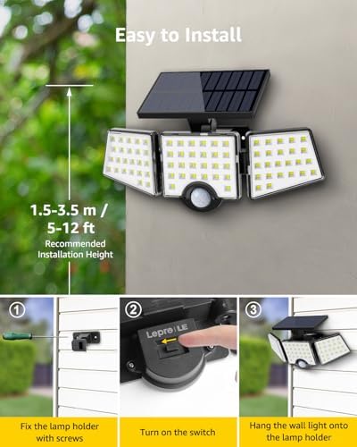 LE Solar Lights for Outside, Solar Lights Outdoor with Motion Sensor, WL4000 High Brightness, 3 Adjustable Heads 270° Wide Lighting Angle