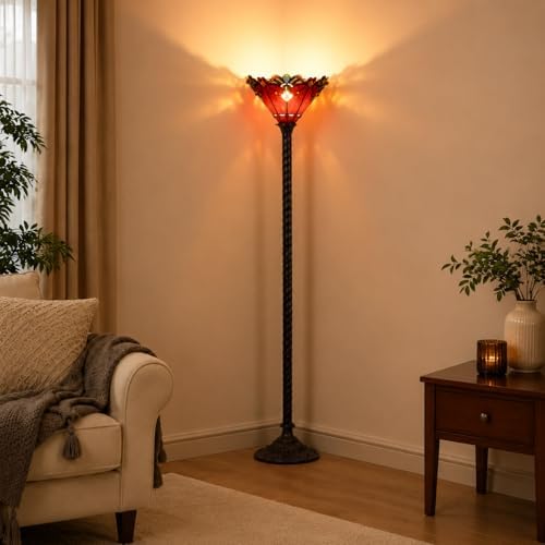 Bieye L10682 Baroque 67 inch Tiffany Style Stained Glass Torchiere Floor Lamp with 13 Inch Wide Handmade Lampshade