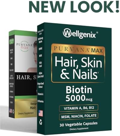 Wellgenix Purvana MAX Hair Skin and Nails Supplement – 5000mcg Biotin with MSM & B-Complex – Support for Thicker Hair, Stronger Nails & Glowing Skin – 30 Veggie Capsules | Biotin, MSM & hyaluronic acid in vegetable capsules for thicker, fuller hair, stro…