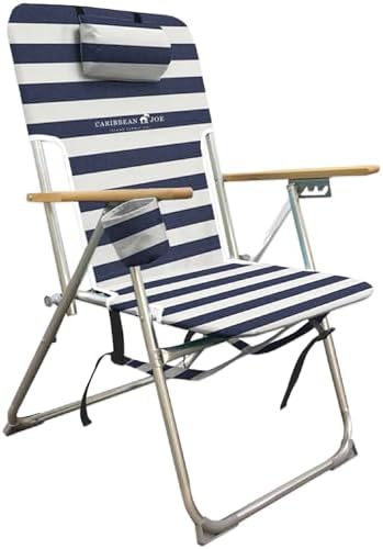CARIBBEAN JOE Folding Beach Chair, 4 Position Portable Backpack Foldable Camping Chair with Headrest, Cup Holder, and Wooden Armrests