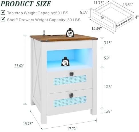 LED Night Stand with Gun Drawer & Charging Station | Human Sensor Lights, Hidden Storage, Farmhouse Rattan Style, 3 Drawers, Bedside Table for Bedroom, End Tables Livingroom