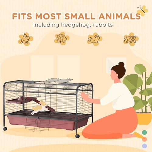 PawHut 41" L Small Animal Cage Rabbit Hutch with Feeder, Rolling Wheels Red