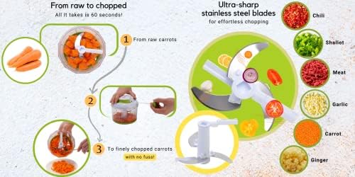 Brieftons QuickPull Manual Food Chopper, 4-Cup Hand Pull String Chopper, No Electricity, Chops Onion Tear-Free, Garlic, Vegetables, Herbs, Nuts for Salsa, Guacamole, Pesto, Baby Food, RV, Camping