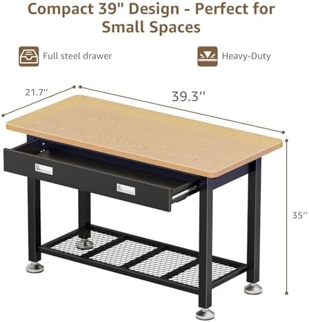 39.4" Workbench with Drawer and Pegboard - Heavy Duty Steel Garage Work Table, Small Tool Bench for Workshop, Woodworking, Crafting & Repair