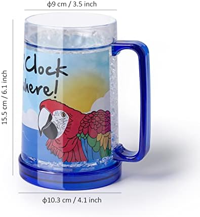 It's 5 O'Clock Somewhere Party Parrot Double Wall Gel Frosty Freezer Ice Mugs Clear 16oz Set of 2